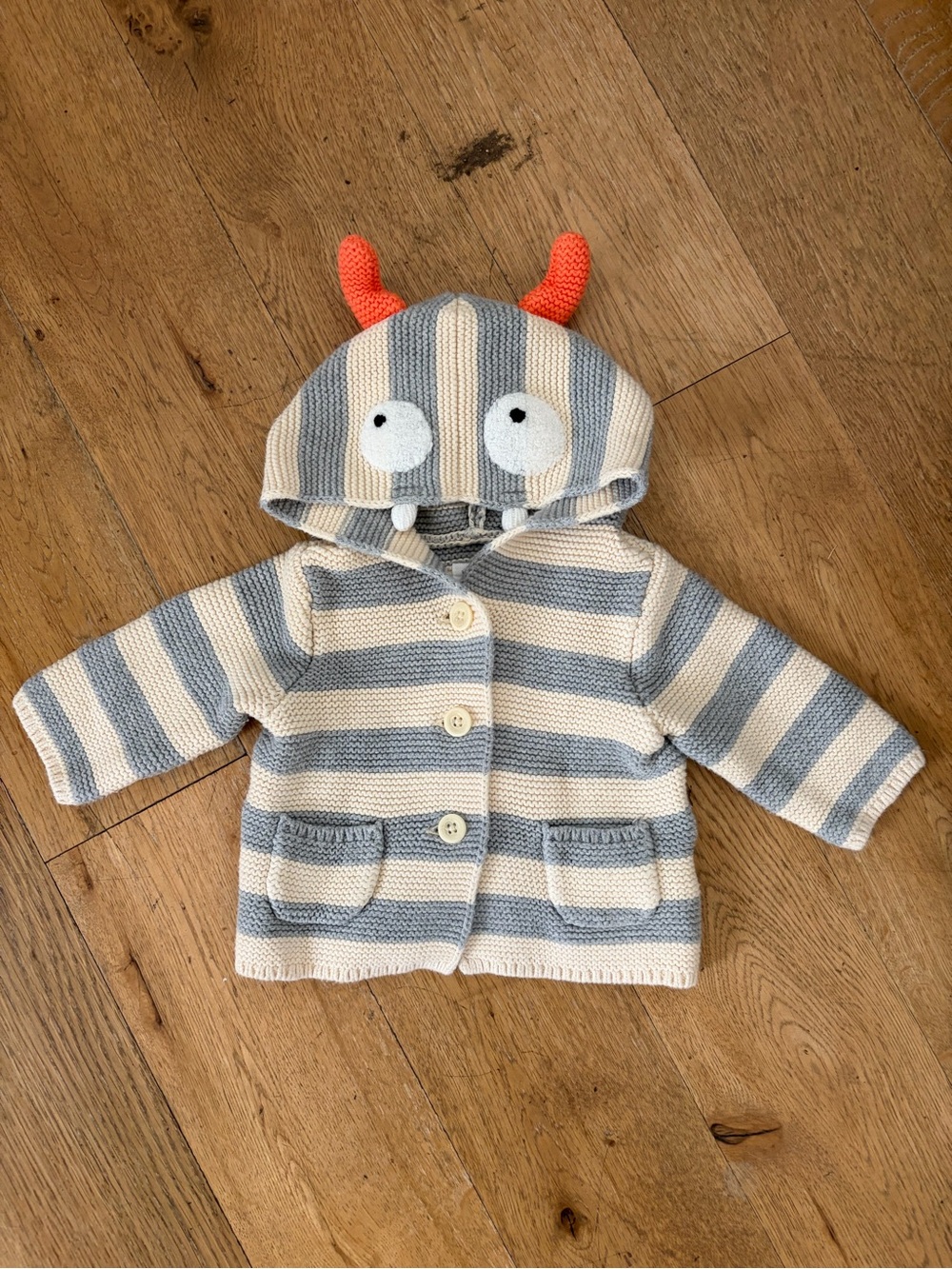 GAP Striped Cream and Blue Hooded Sweater with Orange Horns